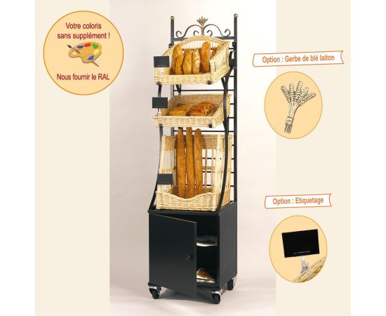 etal-shop.com - Etagère mobile modulable Boislette 1 panier baguettes 2 paniers pains spéciaux