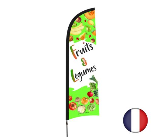 etal-shop.com - Drapeau publicitaire "Fruits & Légumes" de dimensions 230 x 70 cm avec mât
